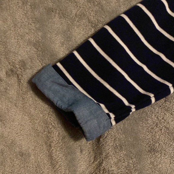 Kim Rogers Nautical Navy Striped Over Denim Layered-Look 3/4 Sleeve Anchor Top - Picture 7 of 16